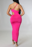 Rose Red Sexy Solid Hollowed Out One Shoulder Pencil Skirt Dresses