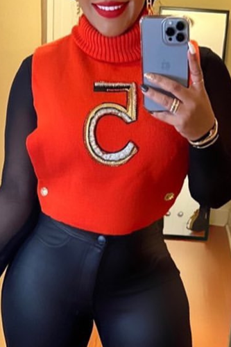 Red Sexy Print Patchwork Turtleneck Tops