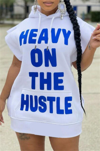 White Fashion Casual Letter Print Basic Hooded Collar Short Sleeve Dress Dresses