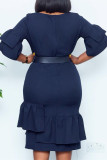 Deep Blue Fashion Casual Solid Patchwork Flounce With Belt O Neck Dresses