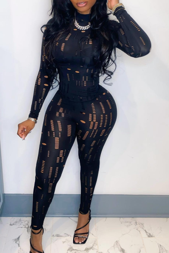 Black Sexy Solid Patchwork Turtleneck Long Sleeve Two Pieces