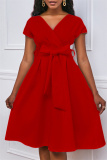 Red Fashion Casual Solid With Bow V Neck A Line Dresses