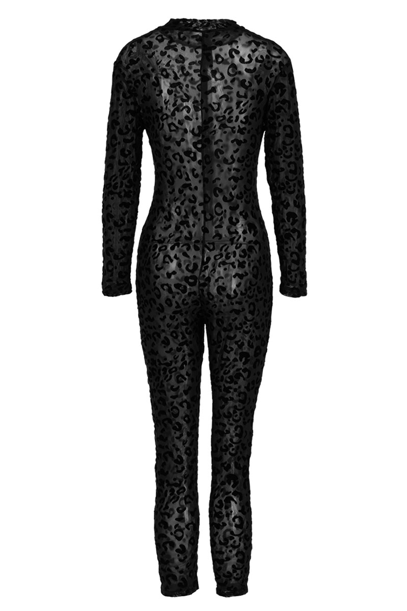 Fashion Sexy Perspective Mesh Long Sleeve Black Leopard Print Jumpsuit