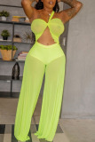 Yellow Sexy Solid Patchwork See-through Swimwears