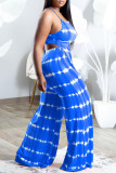 Blue Sexy Casual Print Backless Asymmetrical Spaghetti Strap Sleeveless Two Pieces