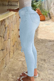 Medium Blue Casual Street Solid Ripped Patchwork High Waist Denim Jeans