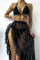 Black Sexy Solid Patchwork See-through Flounce Asymmetrical Swimwears
