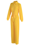 Yellow Casual Solid Patchwork Turndown Collar Straight Jumpsuits