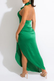 Green Elegant Solid Patchwork Backless Slit Halter Straight Dresses