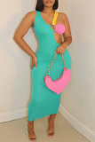 Turquoise Fashion Sexy Patchwork Hollowed Out Backless V Neck Sleeveless Dress