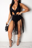 Black Sexy Solid Tassel Hollowed Out Patchwork Swimwears