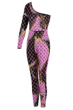 Purple Sexy Print Patchwork One Shoulder Skinny Jumpsuits