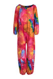 Rose Red Fashion Casual Tie Dye Printing Off the Shoulder Regular Jumpsuits