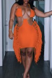 Tangerine Sexy Solid Tassel Hollowed Out Patchwork Backless Halter Pencil Skirt Dresses