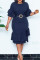 Deep Blue Fashion Casual Solid Patchwork Flounce With Belt O Neck Dresses