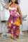 Fuchsia Casual Print Tie Dye Split Joint U Neck One Step Skirt Dresses