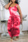 Rose Red Casual Print Tie Dye Split Joint U Neck One Step Skirt Dresses
