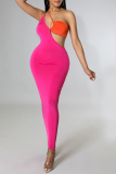 Tangerine Red Sexy Solid Hollowed Out One Shoulder Pencil Skirt Dresses