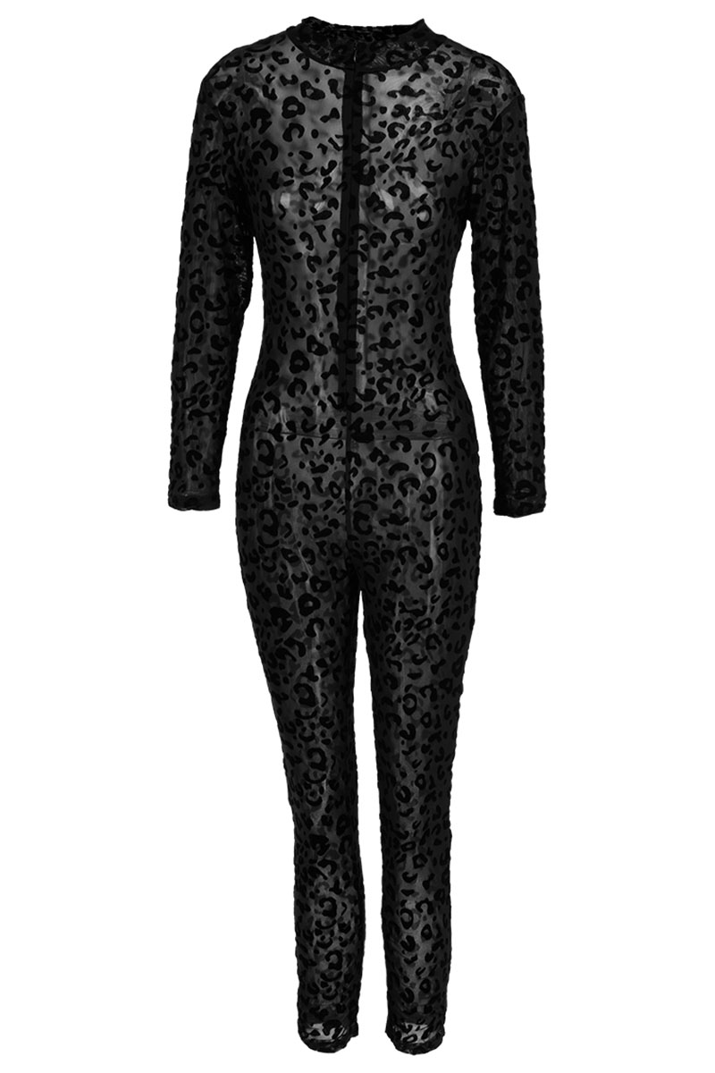 Fashion Sexy Perspective Mesh Long Sleeve Black Leopard Print Jumpsuit