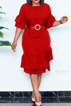 Red Fashion Casual Solid Patchwork Flounce With Belt O Neck Dresses