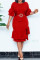 Red Fashion Casual Solid Split Joint Flounce With Belt O Neck Dresses
