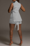 Grey Sexy Solid Bandage Hollowed Out Patchwork Asymmetrical Turtleneck Sleeveless Two Pieces