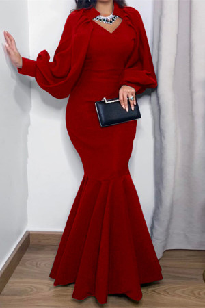 Red Fashion Sexy Solid Patchwork V Neck Evening Dress