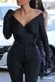 Black Sexy Solid Patchwork Off the Shoulder Skinny Bodysuits