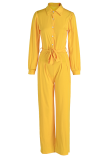 Yellow Casual Solid Patchwork Turndown Collar Straight Jumpsuits