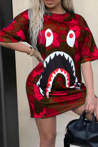 Red Fashion Print Patchwork O Neck Straight Dresses