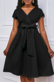 Black Fashion Casual Solid With Bow V Neck A Line Dresses