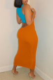 Turquoise Fashion Sexy Patchwork Hollowed Out Backless V Neck Sleeveless Dress