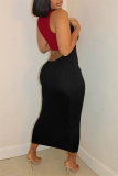 Black Fashion Sexy Patchwork Hollowed Out Backless V Neck Sleeveless Dress