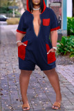 Blue Red Fashion Casual Plus Size Solid Patchwork Hooded Collar Short Sleeve Romper