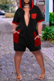 Black Red Fashion Casual Plus Size Solid Patchwork Hooded Collar Short Sleeve Romper