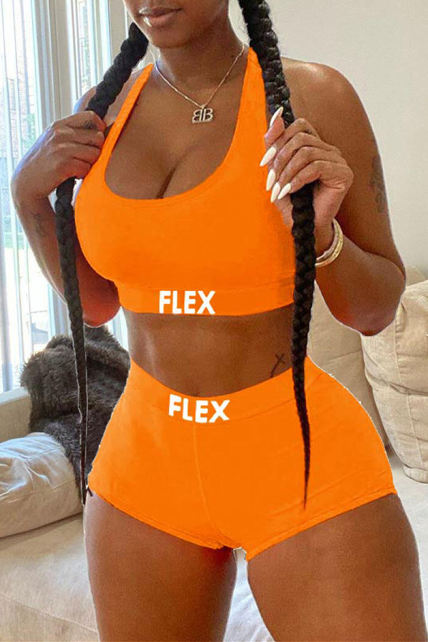 Orange Sexy Casual Sportswear Letter Print Backless U Neck Sleeveless Two Pieces