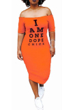 Orange Off The Shoulder Short Sleeves One word collar Mid-Calf Patchwork Casual Dresses