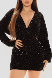 Black Celebrities Elegant Solid Sequins Patchwork V Neck One Step Skirt Dresses