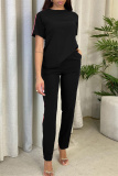 Black Fashion Casual Solid Patchwork O Neck Short Sleeve Two Pieces