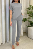 Grey Fashion Casual Solid Patchwork O Neck Short Sleeve Two Pieces