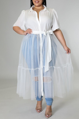 White Casual Solid Patchwork Buckle Turndown Collar Plus Size Dresses