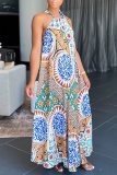 Green Casual Print Patchwork Halter Straight Dresses