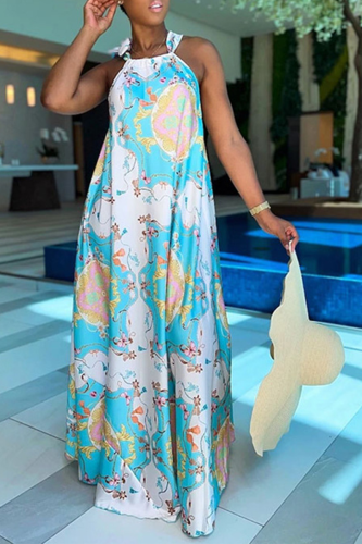 Light Blue Casual Print Patchwork Halter Straight Dresses