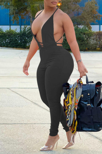 Black Sexy Solid Patchwork Frenulum Backless Regular Jumpsuits