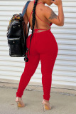 Red Sexy Solid Patchwork Frenulum Backless Regular Jumpsuits