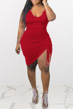Red Sexy Casual Solid Draw String Frenulum O Neck Vest Dress