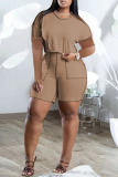 Khaki Casual Solid Patchwork O Neck Plus Size Two Pieces