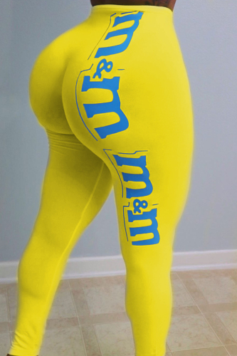 Yellow Fashion Casual Letter Print Basic Skinny High Waist Pencil Trousers