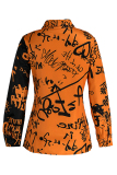 Orange Sexy Graffiti Print Long Sleeve V-Neck Shirt