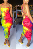 Multicolor Sexy Print Tie Dye Patchwork Spaghetti Strap Sling Dress Dresses
